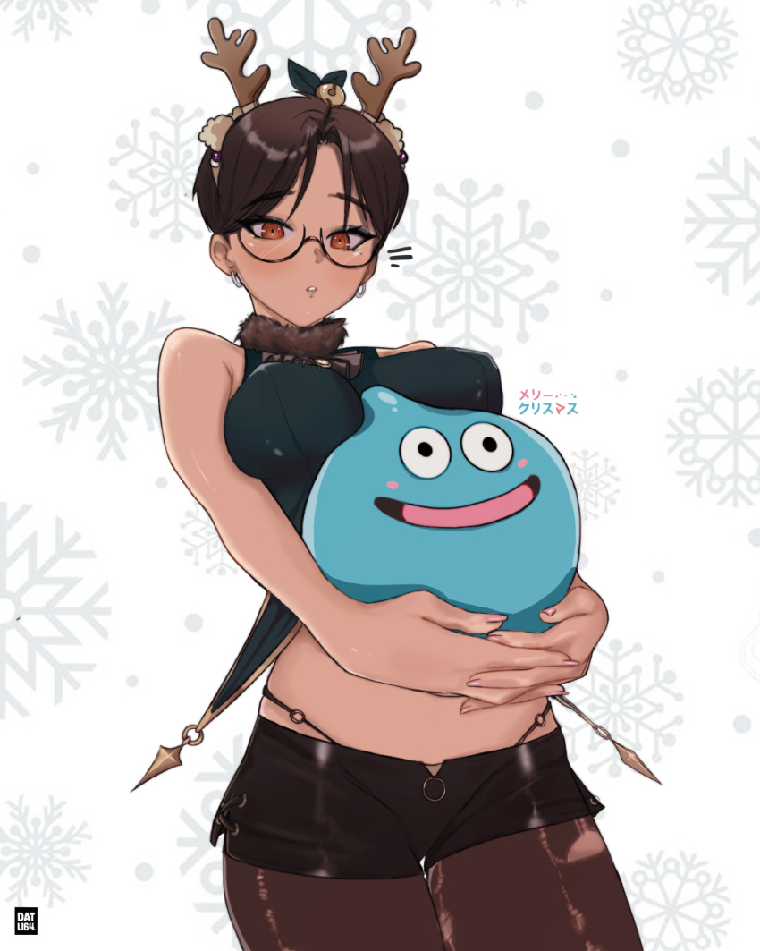 antlers, bare_shoulders, bell, between_breasts, breasts, brown_hair, brown_shorts, christmas