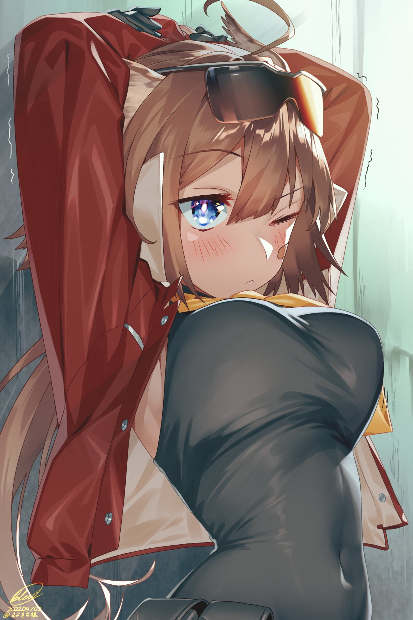 1girl, ;<, aciddrop_(arknights), ahoge, arknights, armpit_peek, arms_behind_head, arms_up
