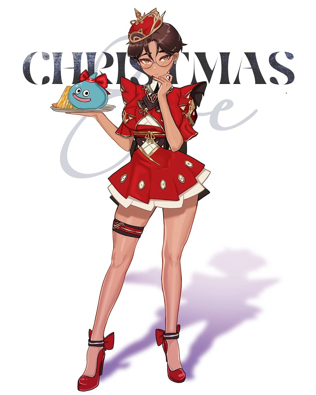 background_text, brown_hair, christmas, crown, datli64, dress, earrings, food