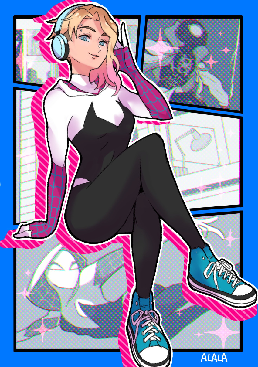 1boy, 1girl, absurdres, adapted_costume, arm_support, artist_name, asymmetrical_hair, blonde_hair