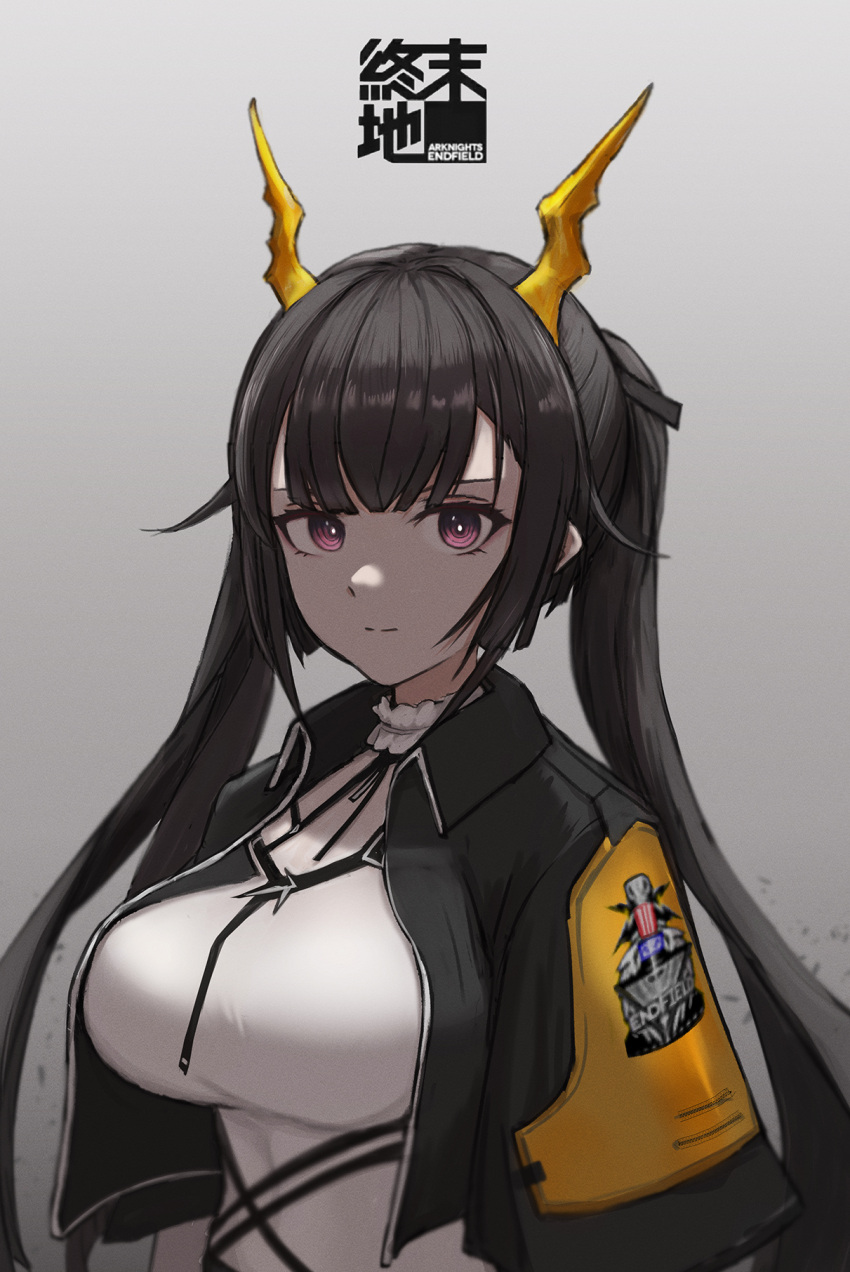 1girl, arknights, arknights:_endfield, bangs, black_hair, black_jacket, breasts, closed_mouth