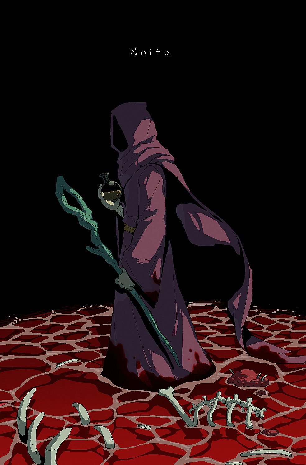 1other, black_background, blood, blood_on_clothes, bone, cape, copyright_name, from_side
