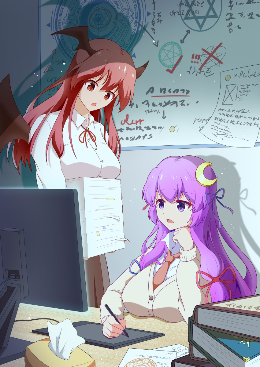 2girls, absurdres, book, breasts, crescent, crescent_hair_ornament, demon_wings, desk