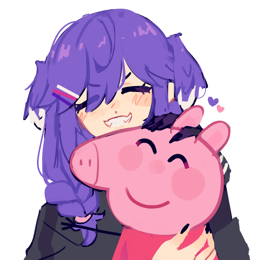 2girls, ^_^, black_sweater, blush, braid, closed_eyes, english_commentary, eyebrows_visible_through_hair, fangs, hair_ornament, hairclip, head_wings, headpat, hug, hug_from_behind, multiple_girls, nijisanji, nijisanji_en, peppa_pig, peppa_pig_(series), purple_hair, red_sweater, selen_tatsuki, smile, sweater, twin_braids, v-shaped_eyebrows, virtual_youtuber, white_background, yuno_(p2eocene)