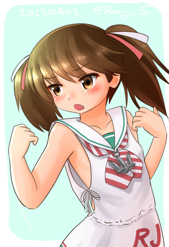 1girl, anchor_necklace, brown_eyes, brown_hair, clothes_writing, collarbone, commentary_request, cosplay