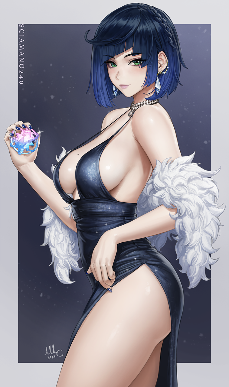 1girl, alternate_costume, bangs, bare_shoulders, blue_dress, blue_hair, blue_nails, braid