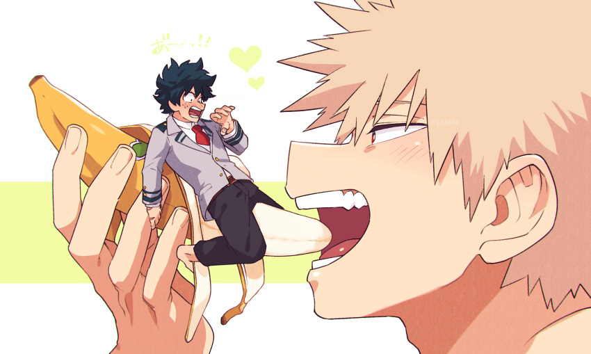 2boys, adam's_apple, alarmed, bakugou_katsuki, banana, bangs, barefoot, blonde_hair