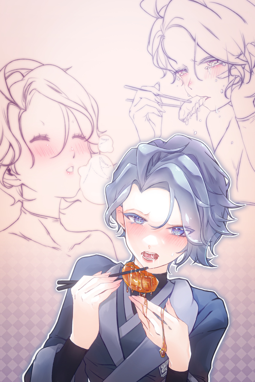 1girl, absurdres, ahoge, bangs, black_shirt, blue_eyes, blush, chinese_commentary, chopsticks, commentary_request, cyllene_(pokemon), eating, eyelashes, food_on_hand, grey_hair, grey_jacket, hands_up, highres, holding, holding_chopsticks, imomochi, jacket, looking_down, multiple_views, partially_colored, pokemon, pokemon_(game), pokemon_legends:_arceus, shirt, short_hair, sweatdrop, xiao_jiang_he_shannai