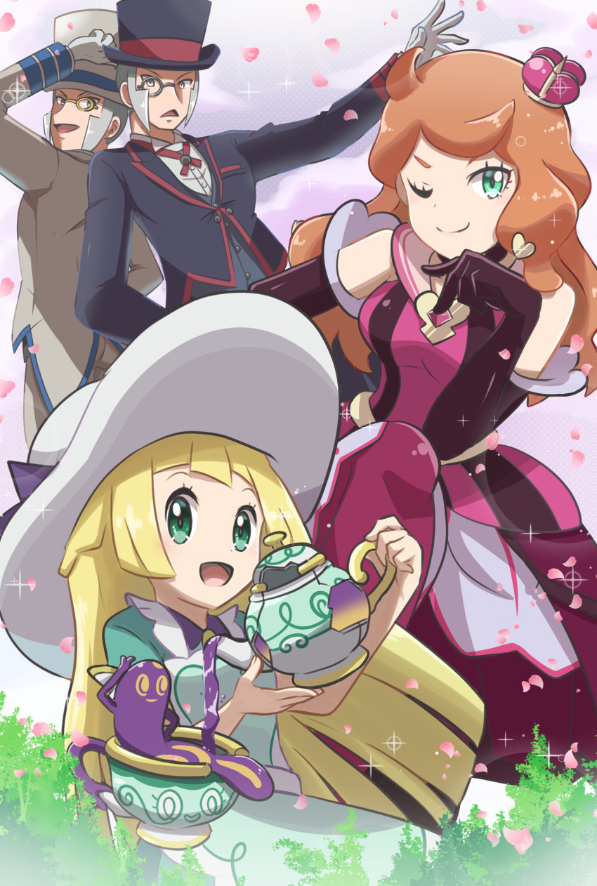 2boys, 2girls, ;), black_headwear, black_jacket, blonde_hair, buttons, closed_mouth