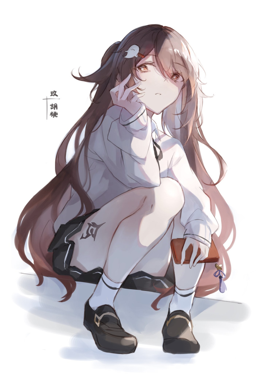 1girl, bangs, black_footwear, black_ribbon, black_skirt, brown_hair, colored_tips, commentary