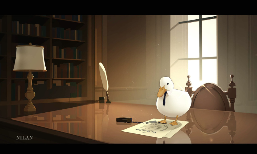 animal, animal_focus, artist_name, bird, black_eyes, black_necktie, bookshelf, chair