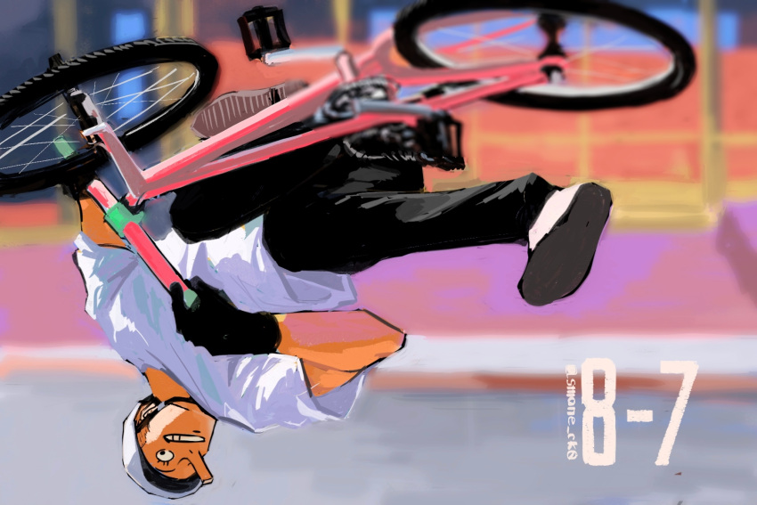 1boy, bicycle, black_pants, gloves, grin, ground_vehicle, hat, highres