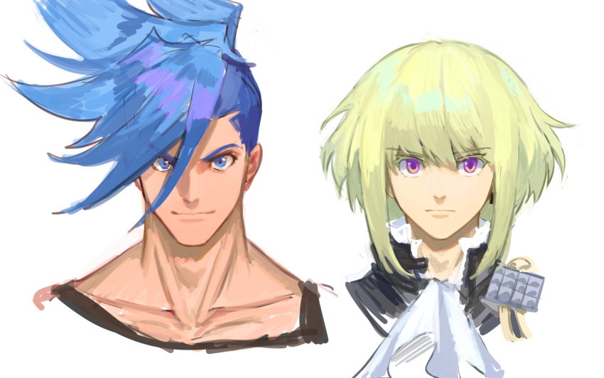 2boys, androgynous, blue_eyes, blue_hair, collarbone, eyebrows_visible_through_hair, galo_thymos, green_hair