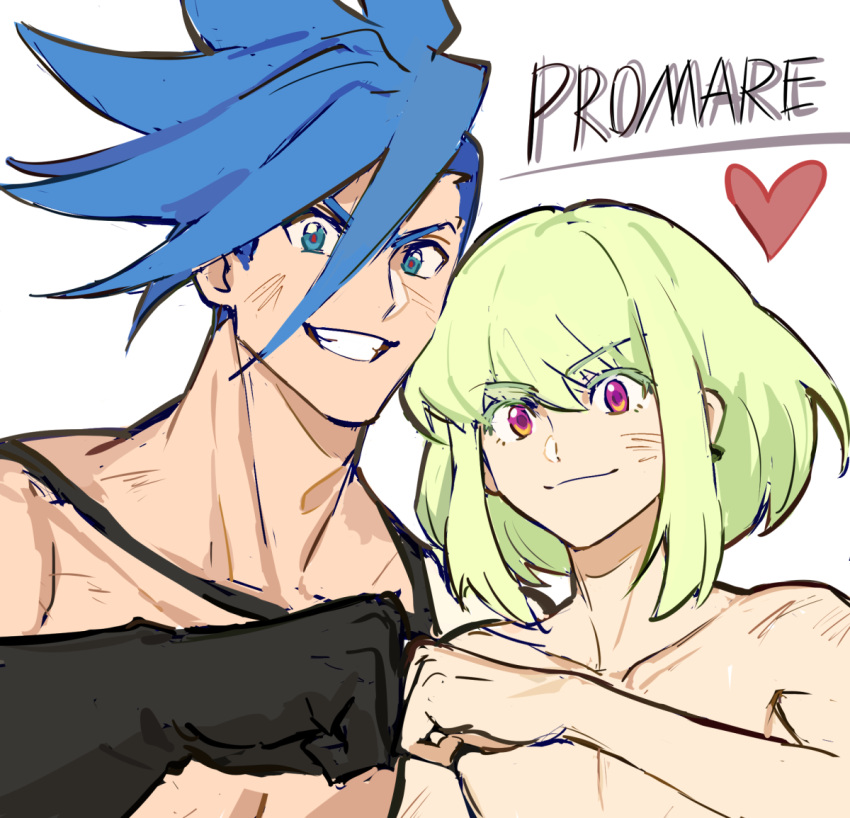 2boys, androgynous, black_gloves, blue_eyes, blue_hair, collarbone, copyright_name, eyebrows_visible_through_hair, fist_bump, galo_thymos, gloves, green_eyes, grin, hanezo, heart, lio_fotia, looking_at_viewer, male_focus, multiple_boys, promare, short_hair, sidecut, sidelocks, simple_background, smile, spiky_hair, topless_male, violet_eyes, white_background
