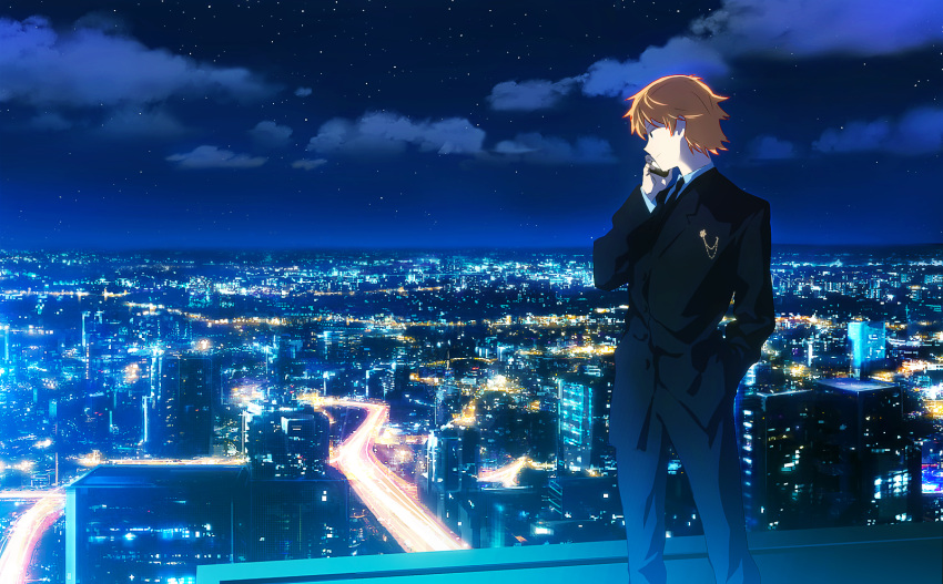 1boy, blonde_hair, city_lights, cityscape, formal, highres, holding, holding_phone