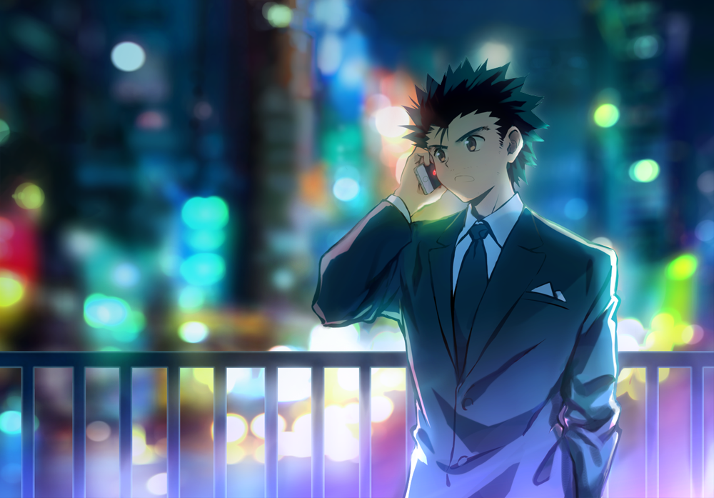 1boy, black_hair, brown_eyes, city, city_lights, fence, formal, ging_freecss
