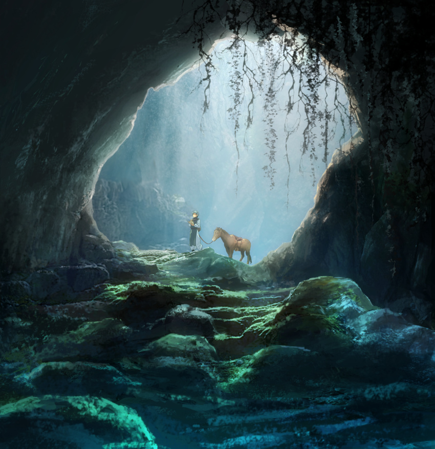 1boy, absurdres, cave, ging_freecss, highres, horse, hunter_x_hunter, looking_up, luclu03, moss, nature, plant, rock, scenery, solo, vines
