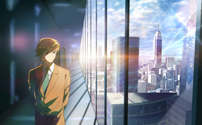 1boy, blonde_hair, building, city, cityscape, formal, highres, hunter_x_hunter