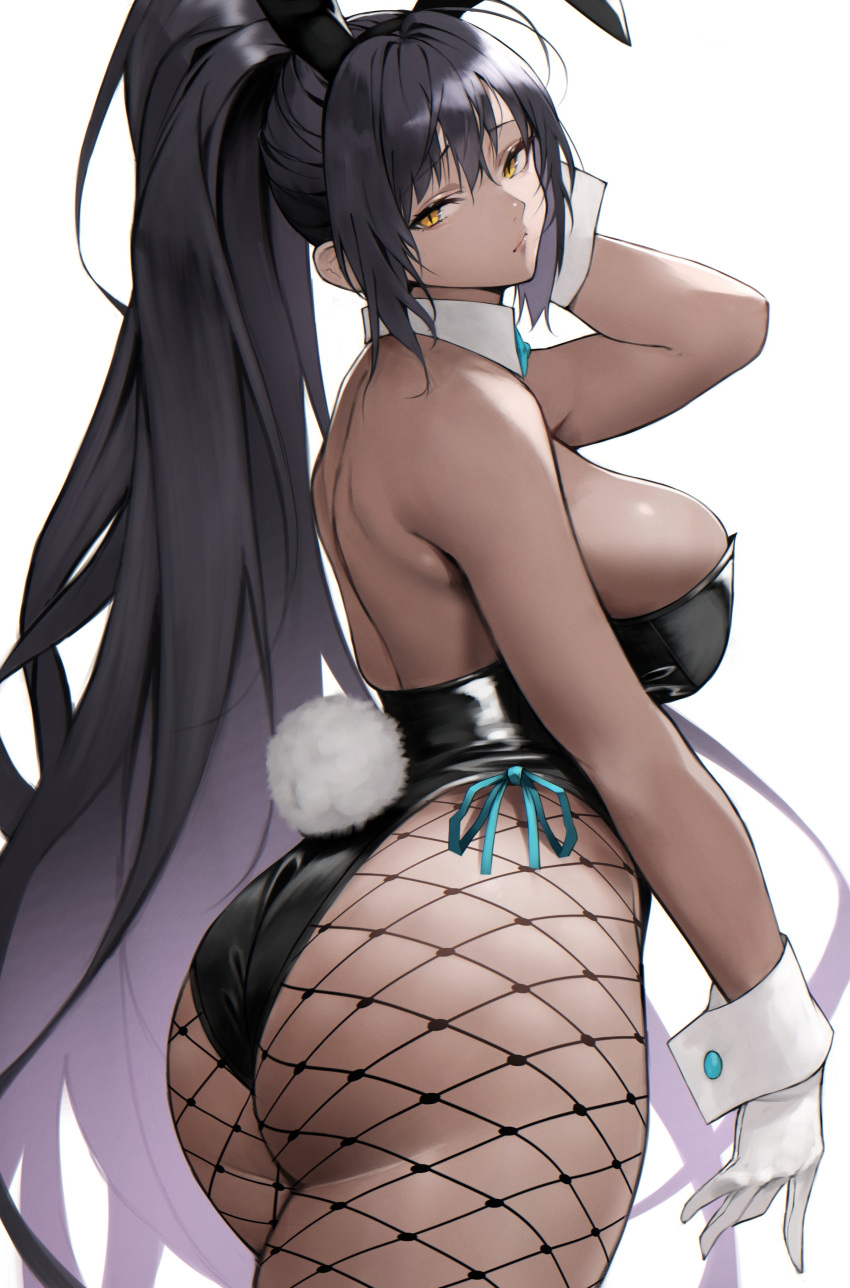 1girl, absurdres, animal_ears, ass, bangs, bare_shoulders, black_hair, black_leotard