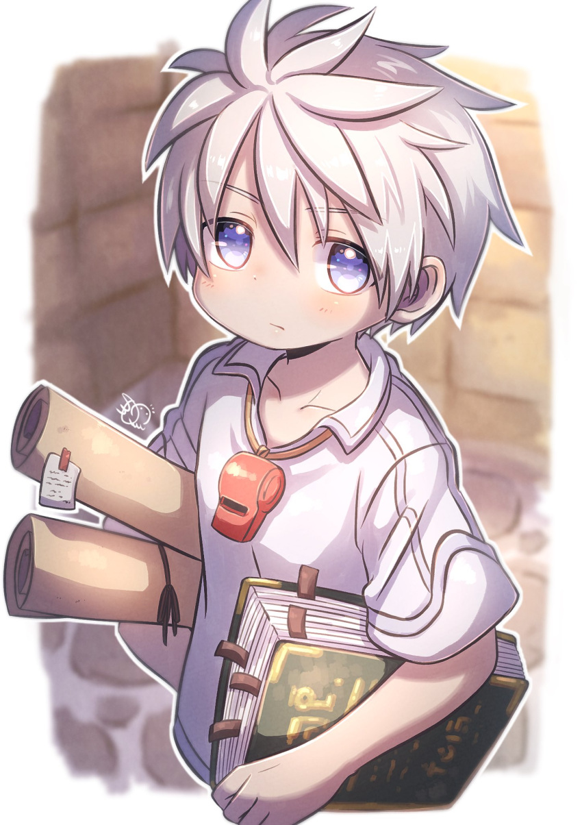 1boy, bandam, bangs, book, brick_wall, closed_mouth, commentary_request, commission