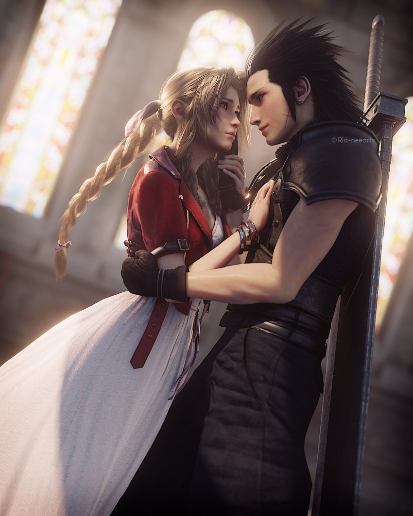 1boy, 1girl, absurdres, aerith_gainsborough, armor, black_gloves, black_hair, blue_eyes, bracelet, braid, braided_ponytail, brown_hair, buster_sword, church, dress, earrings, final_fantasy, final_fantasy_vii, final_fantasy_vii_remake, gloves, green_eyes, hair_ribbon, highres, jacket, jewelry, long_hair, looking_at_another, pink_dress, red_jacket, ria_(baka-neearts), ribbon, scar, shoulder_armor, spiky_hair, sword, sword_behind_back, weapon, zack_fair