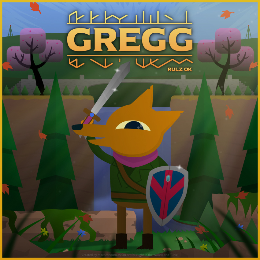 1boy, artist_name, autumn_leaves, boots, brown_pants, character_name, company_connection, copyright_name, crossover, english_commentary, flower, furry, furry_male, grass, gregg_lee, highres, holding, holding_sword, holding_weapon, logo_parody, male_focus, mitchrandom, night_in_the_woods, outdoors, pants, shield, solo, standing, sword, tree, tunic_(game), water, watermark, weapon