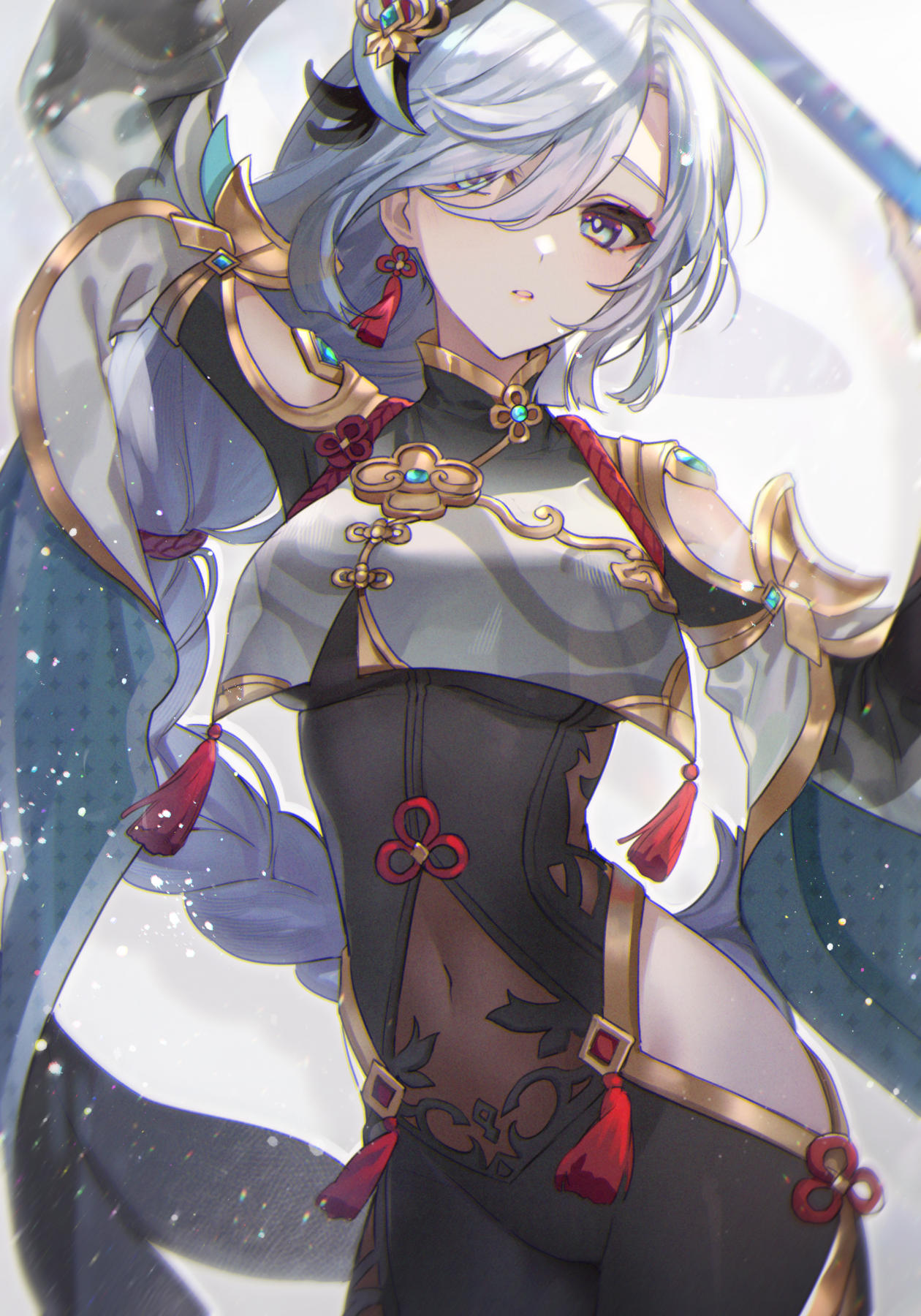 1girl, arms_up, black_bodysuit, blue_eyes, bodysuit, braid, braided_ponytail, breasts