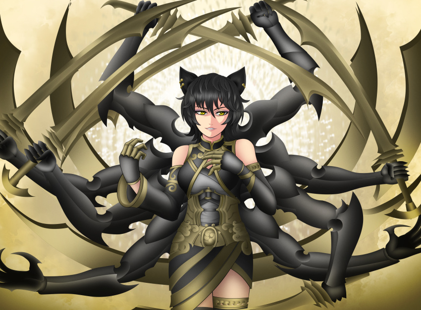 1girl, animal_ears, armor, black_hair, breasts, cat_ears, extra_arms, highres