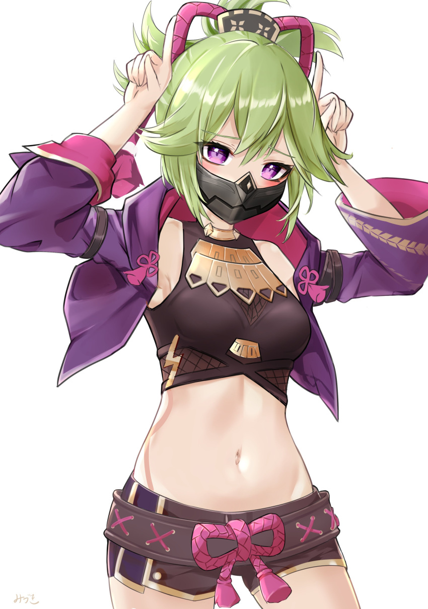1girl, absurdres, armpits, arms_up, bare_shoulders, black_mask, blush, body_markings