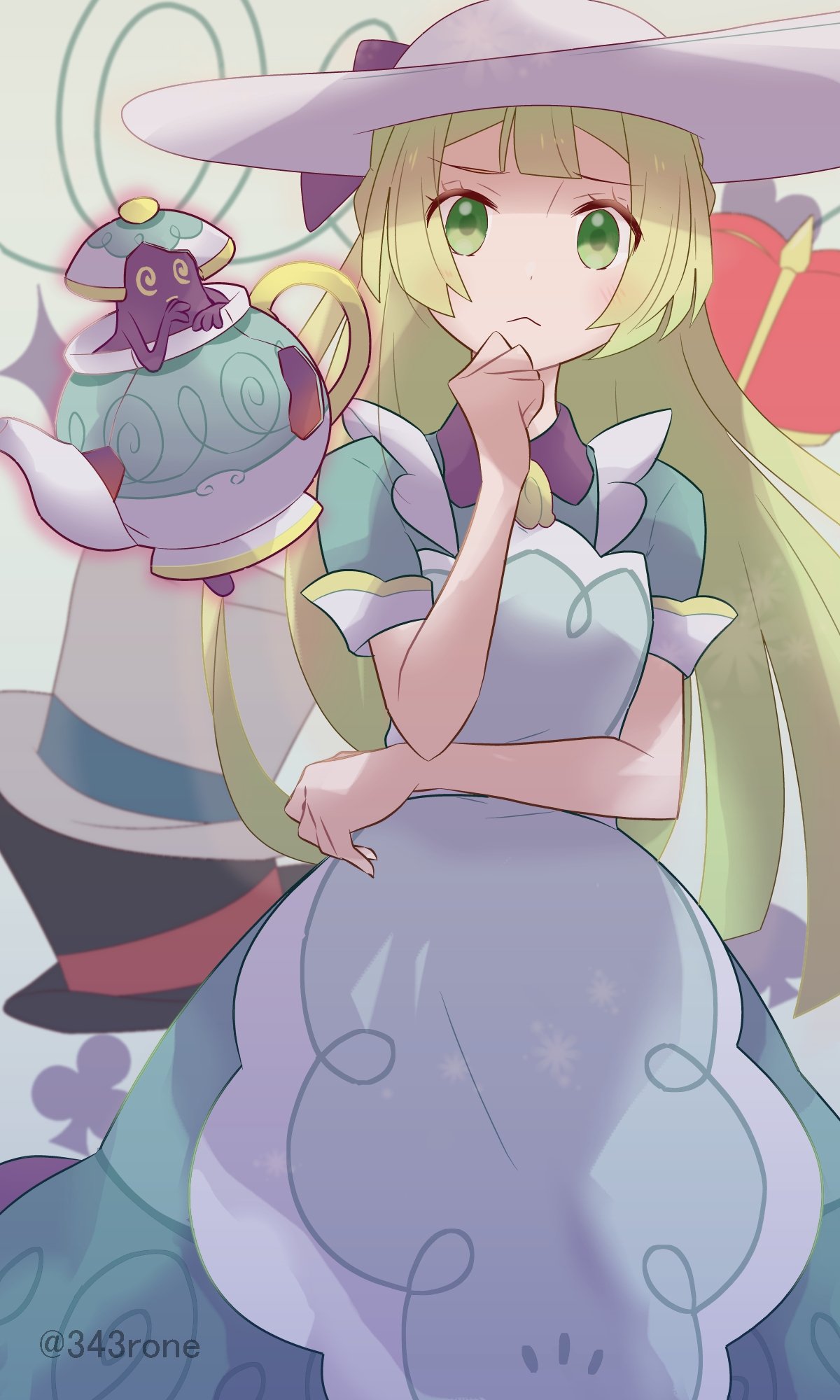 1girl, 343rone, :<, apron, bangs, blonde_hair, blush, chin_stroking, closed_mouth, commentary_request, dress, eyelashes, frown, green_dress, green_eyes, hand_up, hat, highres, lillie_(pokemon), long_hair, looking_at_viewer, official_alternate_costume, pokemon, pokemon_(creature), pokemon_(game), pokemon_masters_ex, polteageist, short_sleeves, thinking, twitter_username, white_headwear