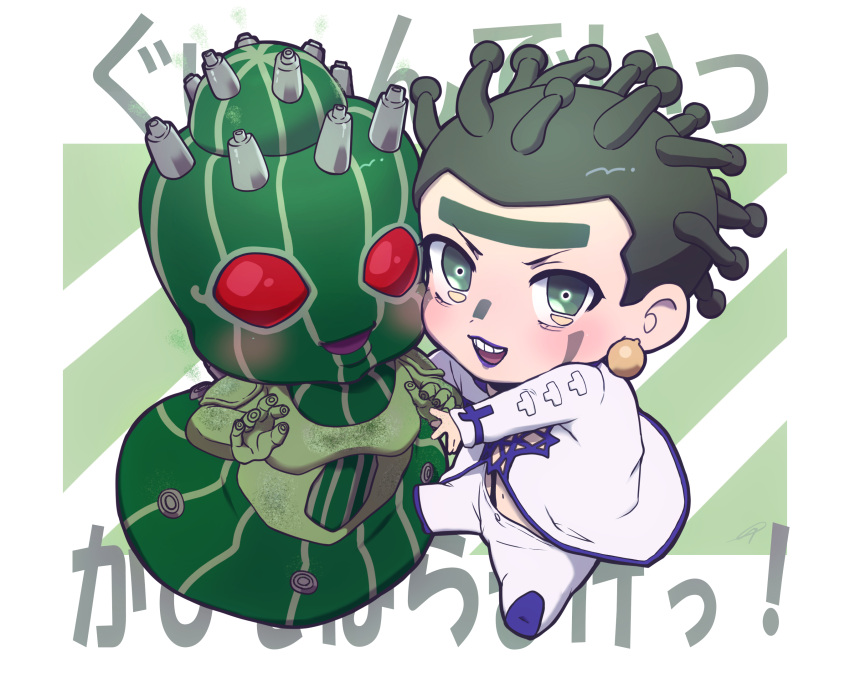 2boys, chibi, cioccolata, earrings, facepaint, facial_mark, green_day_(stand), green_eyes