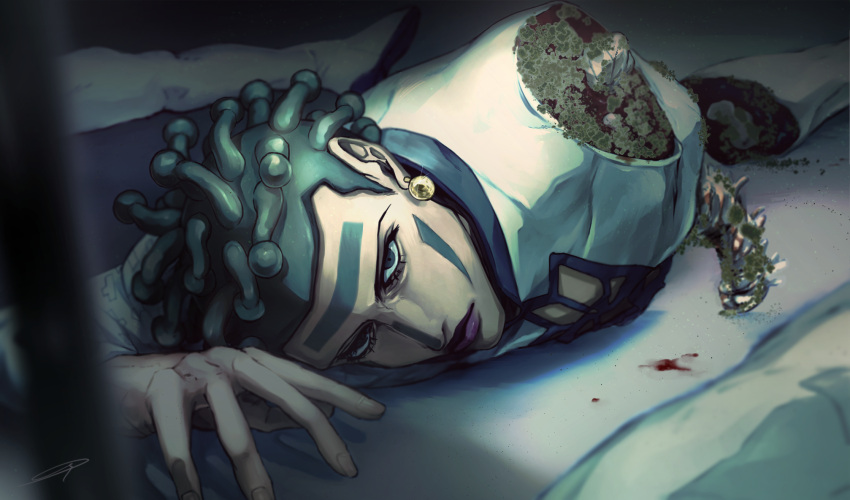 1boy, amputee, blood, blood_splatter, cioccolata, disembodied_limb, earrings, facepaint