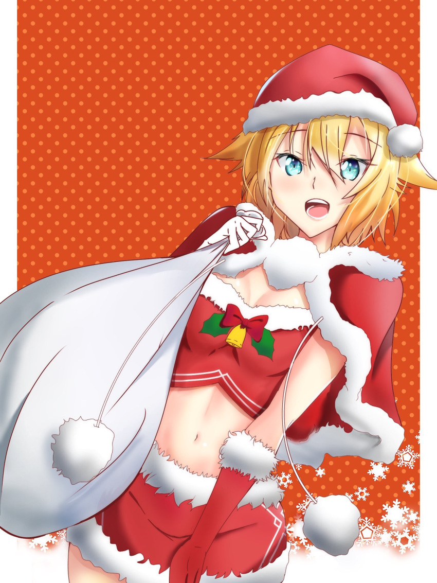 1girl, bell, blonde_hair, blue_eyes, blush, border, breasts, capelet