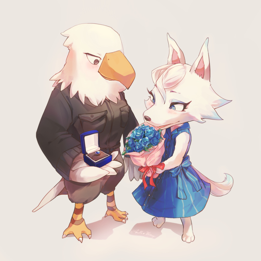 1boy, 1girl, animal_crossing, animal_ears, animal_feet, animal_hands, animal_nose, apollo_(animal_crossing), bangs, bare_shoulders, beak, bird_legs, bird_tail, black_eyes, black_fur, black_jacket, blue_bow, blue_dress, blue_eyes, blue_eyeshadow, blue_flower, blue_gemstone, blue_hair, blue_rose, blush, body_fur, bottomless, bouquet, bow, breast_pocket, buttons, character_name, claws, closed_mouth, collared_dress, colored_tips, commentary, dress, english_text, eyeshadow, flat_chest, flower, full_body, furry, furry_with_furry, gem, glint, gradient_hair, grey_background, hand_up, happy, heart, hetero, highres, holding, holding_bouquet, interspecies, jacket, jewelry, long_sleeves, looking_down, makeup, multicolored_hair, nirin, open_mouth, pinstripe_dress, pinstripe_pattern, pocket, proposal, red_ribbon, ribbon, ring, ring_box, rose, short_hair, simple_background, sleeveless, sleeveless_dress, smile, snout, standing, striped, tail, two-tone_hair, wedding_ring, white_fur, white_hair, whitney_(animal_crossing), wolf_ears, wolf_girl, wolf_tail
