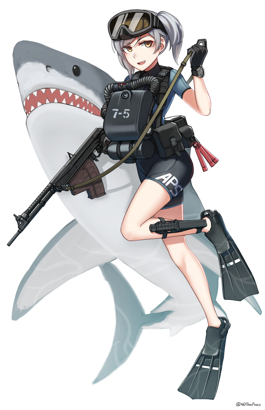 1girl, :d, absurdres, animal, aps_rifle, aps_rifle_(girls'_frontline)_(ndtwofives), bangs, black_gloves