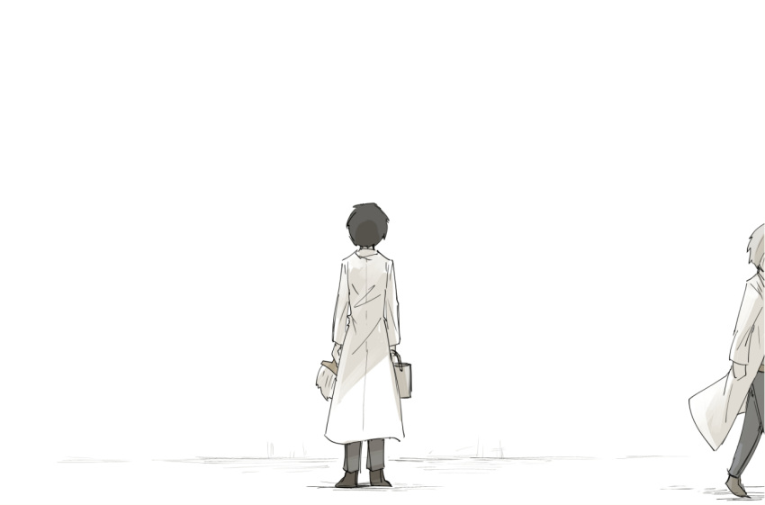 2boys, a_(lobotomy_corporation), benjamin_(lobotomy_corporation), black_hair, bucket, from_behind, from_side, full_body