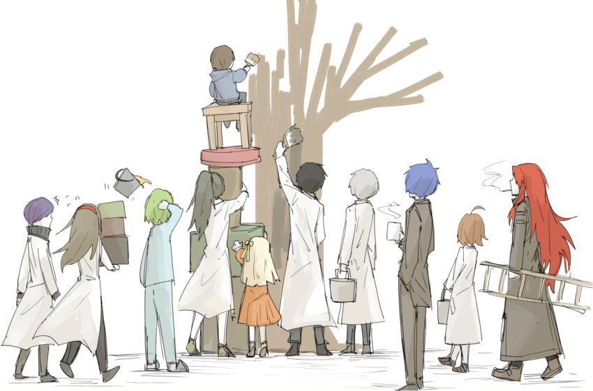 5girls, 6+boys, a_(lobotomy_corporation), benjamin_(lobotomy_corporation), black_hair, blonde_hair, blue_hair, box