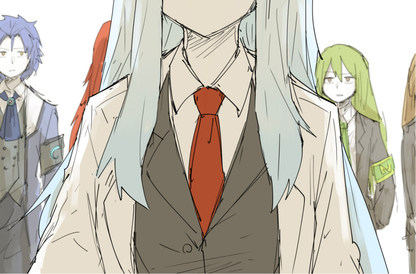 2boys, 3girls, angela_(lobotomy_corporation), ascot, blue_hair, brown_hair, chesed_(lobotomy_corporation), gebura_(lobotomy_corporation)