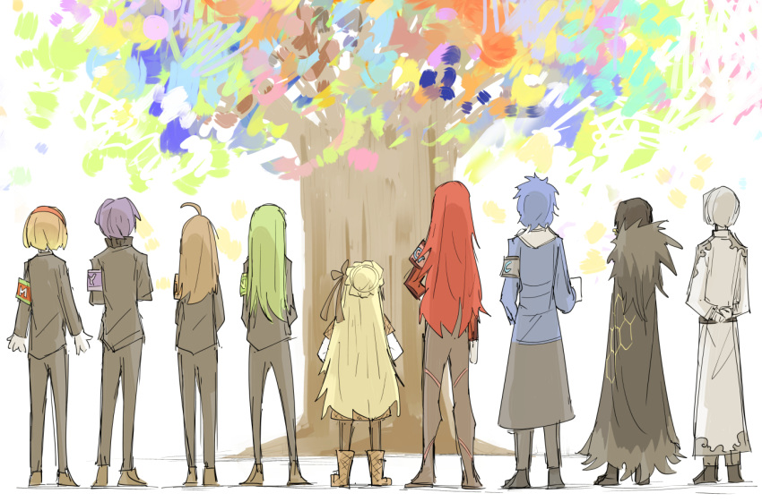 4boys, 5girls, arms_behind_back, benjamin_(lobotomy_corporation), binah_(lobotomy_corporation), black_hair, blonde_hair, blue_hair