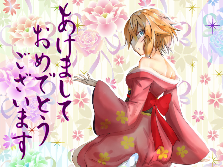 1girl, alternate_costume, bare_shoulders, blonde_hair, blue_eyes, blush, breasts, floral_background