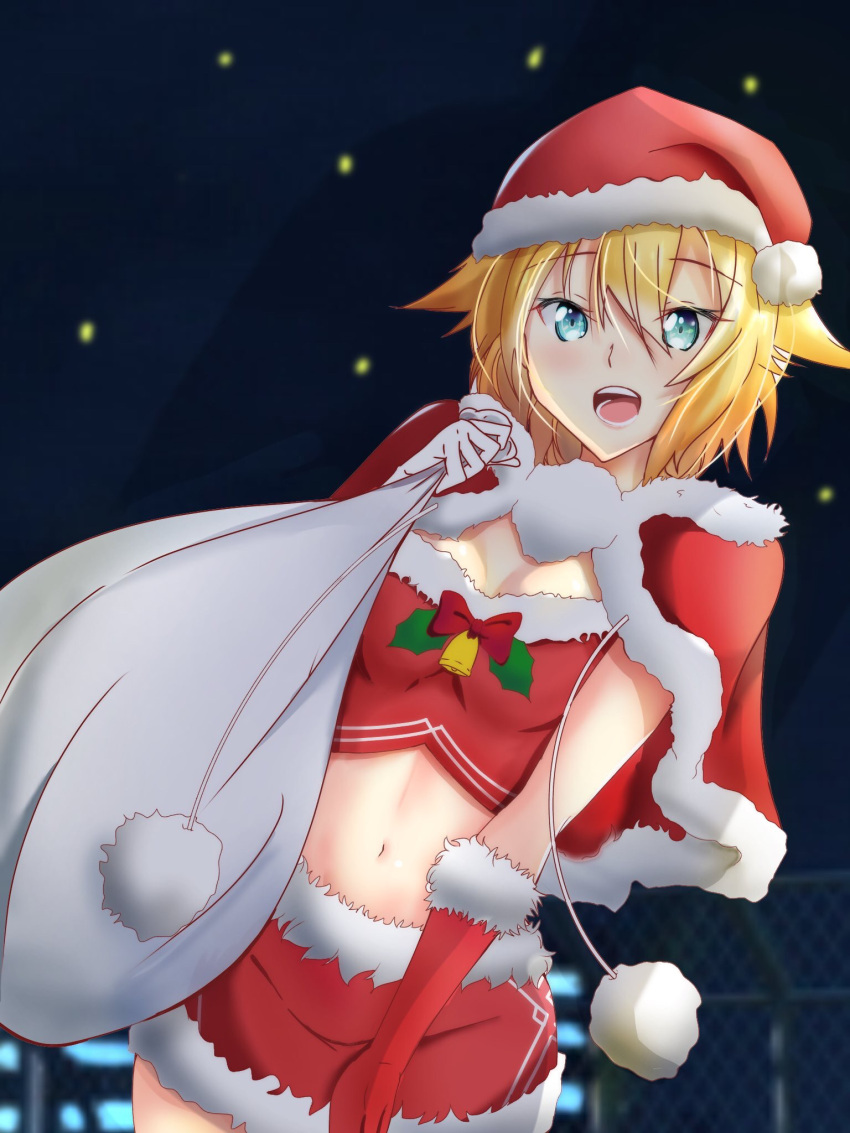 1girl, bell, blonde_hair, blue_eyes, blurry, blurry_background, blush, breasts, capelet, chain-link_fence, dutch_angle, fence, fur-trimmed_capelet, fur-trimmed_gloves, fur-trimmed_skirt, fur_trim, gloves, hat, highres, looking_back, medium_breasts, midriff, miniskirt, navel, open_mouth, philia_(sao), red_gloves, red_skirt, sack, santa_costume, santa_hat, segina04, short_hair, skirt, smile, solo, sword_art_online, white_gloves