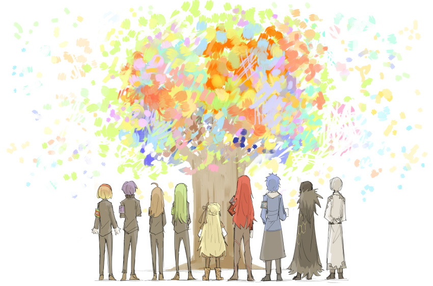 4boys, 5girls, arms_behind_back, benjamin_(lobotomy_corporation), binah_(lobotomy_corporation), black_hair, blonde_hair, blue_hair