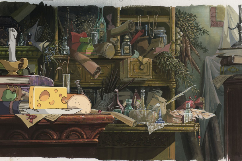 apple, books, bread, candle, carrots, cheese, desk, drawers, ghibli, howl_no_ugoku_shiro, ink_bottle, jar, landscape, paper_bag, plants, quill, tarp, wall, wine