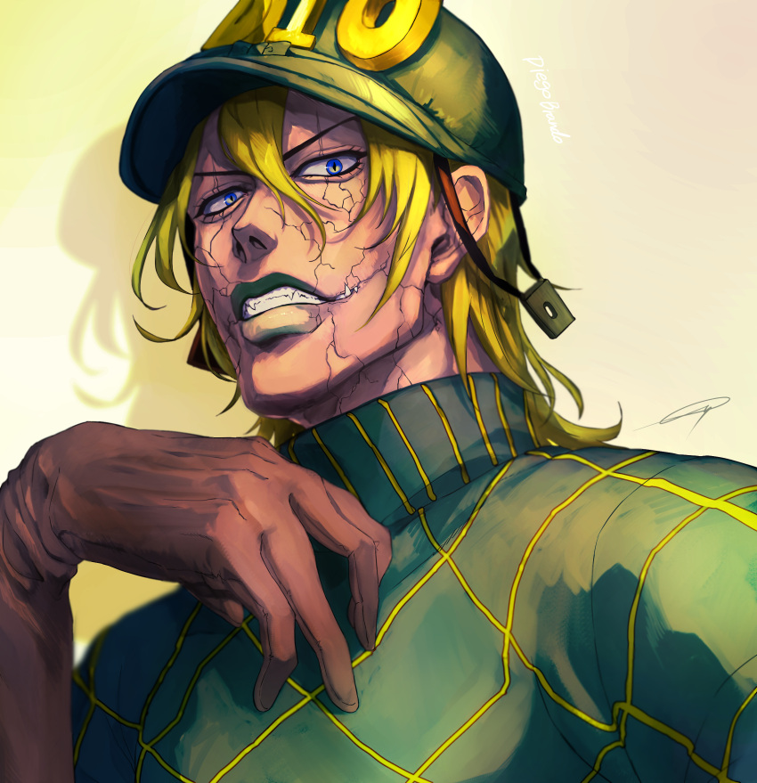 1boy, absurdres, argyle, argyle_sweater, blonde_hair, cracked_skin, diego_brando, glasgow_smile, gloves, green_lips, green_shirt, hat, helmet, highres, hospital_0434, jojo_no_kimyou_na_bouken, male_focus, scary_monsters_(stand), sharp_teeth, shirt, solo, stand_(jojo), steel_ball_run, sweater, teeth, turtleneck