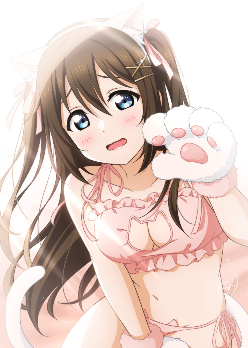 animal_ear_fluff, animal_ears, animal_hands, bangs, belly, blue_eyes, blush, bra, breasts, brown_hair, cat_cutout, cat_ears, cat_lingerie, cat_tail, check_commentary, clothing_cutout, collarbone, commentary, commentary_request, eyebrows, fake_animal_ears, fake_tail, frilled_underwear, fur-trimmed_sleeves, fur_trim, gloves, hair_ornament, hair_ribbon, hairclip, hand_on_own_thigh, hand_up, highres, long_hair, looking_at_viewer, love_live!, love_live!_nijigasaki_high_school_idol_club, medium_breasts, meme_attire, navel, open_mouth, osaka_shizuku, panties, paw_gloves, paw_pose, pink_background, pink_bra, pink_panties, pink_ribbon, ribbon, shiratama_(siratama_ll), string_panties, tail, underwear, wavy_mouth