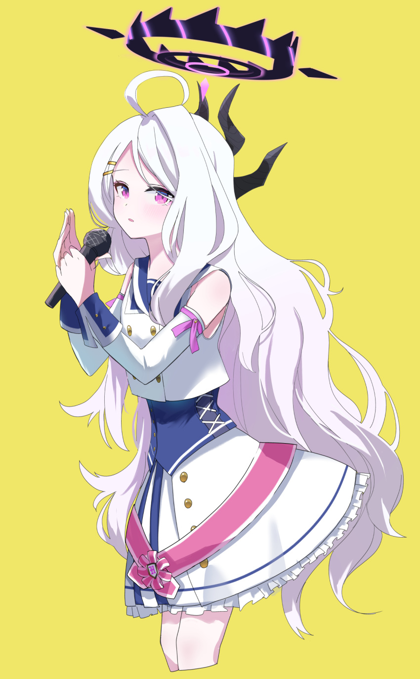 1girl, ahoge, blue_archive, buttons, corset, crop_top, cropped_legs, detached_sleeves