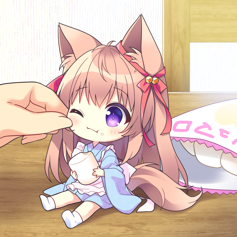 1boy, 1girl, :t, animal_ear_fluff, animal_ears, apron, bell, blue_kimono, blush_stickers, bow, brown_hair, cheek_pinching, chibi, closed_mouth, commentary_request, eating, food, food_on_face, frilled_apron, frills, hair_bell, hair_bow, hair_ornament, holding, holding_food, japanese_clothes, jingle_bell, kimono, long_hair, long_sleeves, marshmallow, minigirl, mito_mashiro, out_of_frame, pinching, red_bow, ryuuka_sane, sitting, socks, solo_focus, tail, tayutama_2, very_long_hair, violet_eyes, white_apron, white_legwear, wide_sleeves