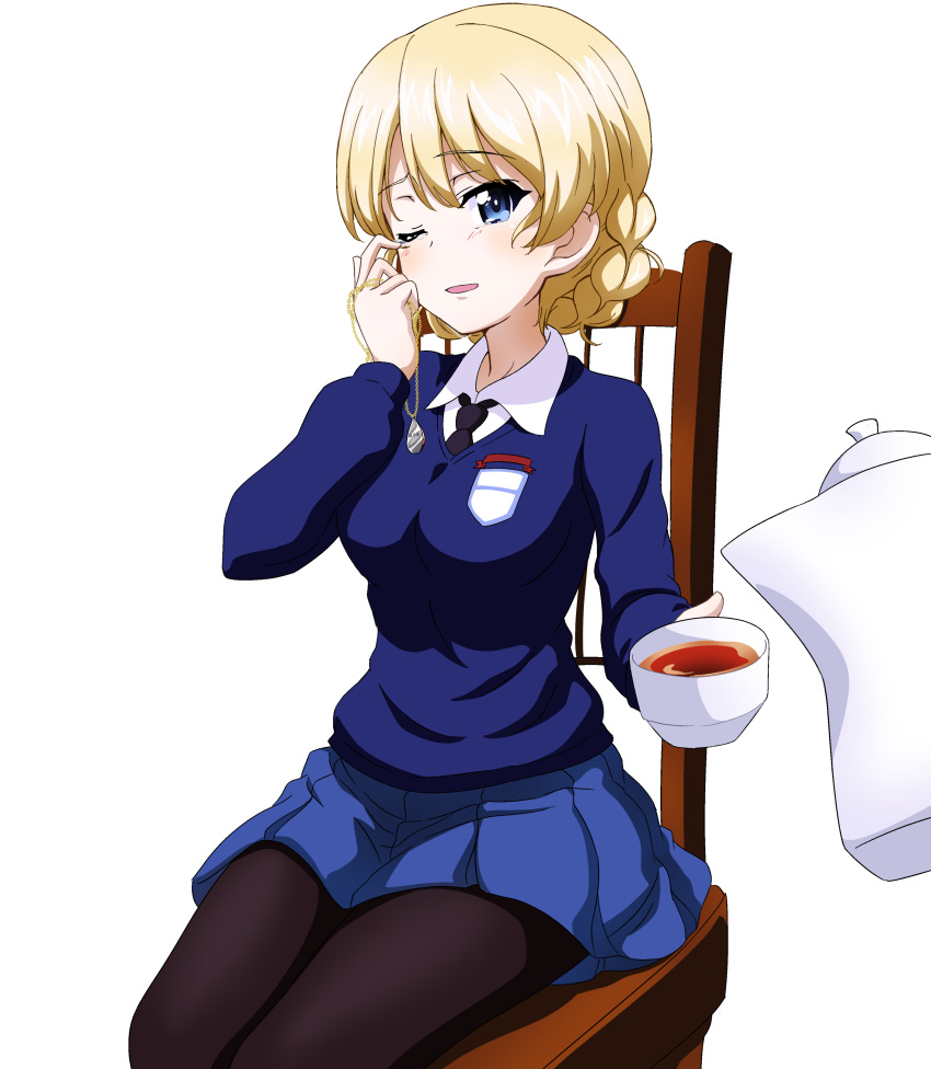 absurdres, bangs, black_legwear, blonde_hair, blue_eyes, blue_sweater, braid, cup, darjeeling_(girls_und_panzer), emblem, girls_und_panzer, highres, holding, holding_cup, jewelry, key_(gaigaigai123), pantyhose, school_uniform, short_hair, silver_jewelry, st._gloriana's_school_uniform, sweater, teacup, tears, tied_hair, twin_braids, v-neck