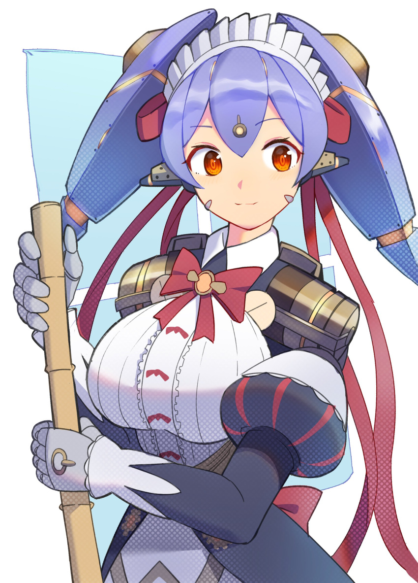 1girl, absurdres, android, apron, breasts, highres, ichthys_spnov, joints, large_breasts, maid, maid_apron, maid_headdress, mechanical_parts, poppi_(xenoblade), poppi_qt_(xenoblade), purple_hair, red_eyes, robot_ears, robot_joints, simple_background, solo, white_apron, white_background, xenoblade_chronicles_(series), xenoblade_chronicles_2