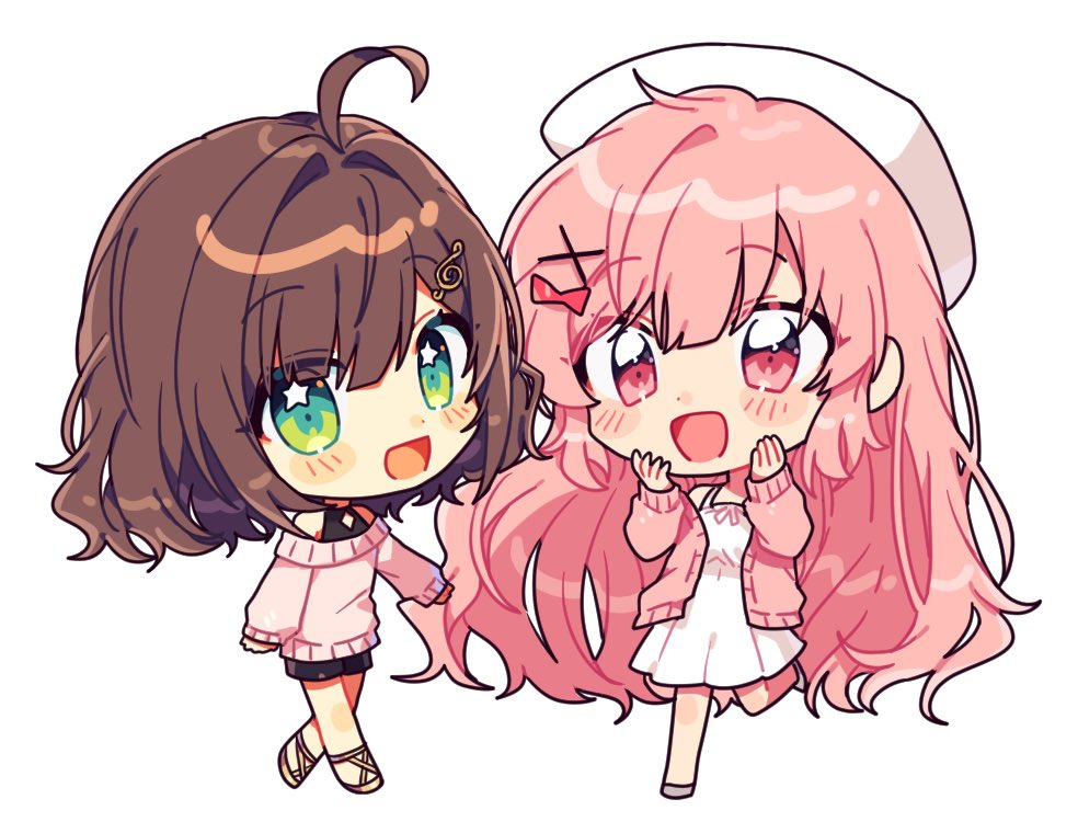 2girls, beret, black_shorts, brown_hair, chibi, dress, english_commentary, eo_(dj0513), eyebrows_visible_through_hair, green_eyes, hair_behind_ear, halter_top, halterneck, hat, long_hair, miori_celesta, multiple_girls, nini_yuuna, off-shoulder_sweater, off_shoulder, pink_eyes, pink_hair, pink_sweater, second-party_source, short_hair, shorts, smile, sweater, tsunderia, very_long_hair, virtual_youtuber, white_background, white_dress, white_headwear